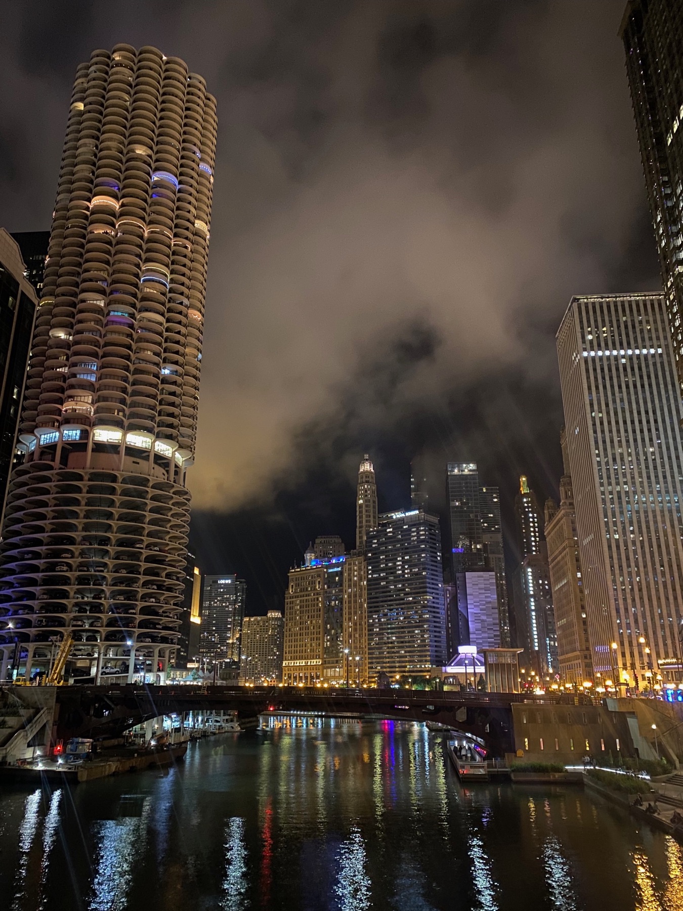 Chicago River and skyline at night
